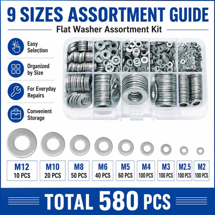 Flat metal washer assortment kit in clear organizer case with multiple sizes