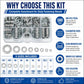 Flat washer assortment kit with clear case holding mixed round washers in multiple sizes