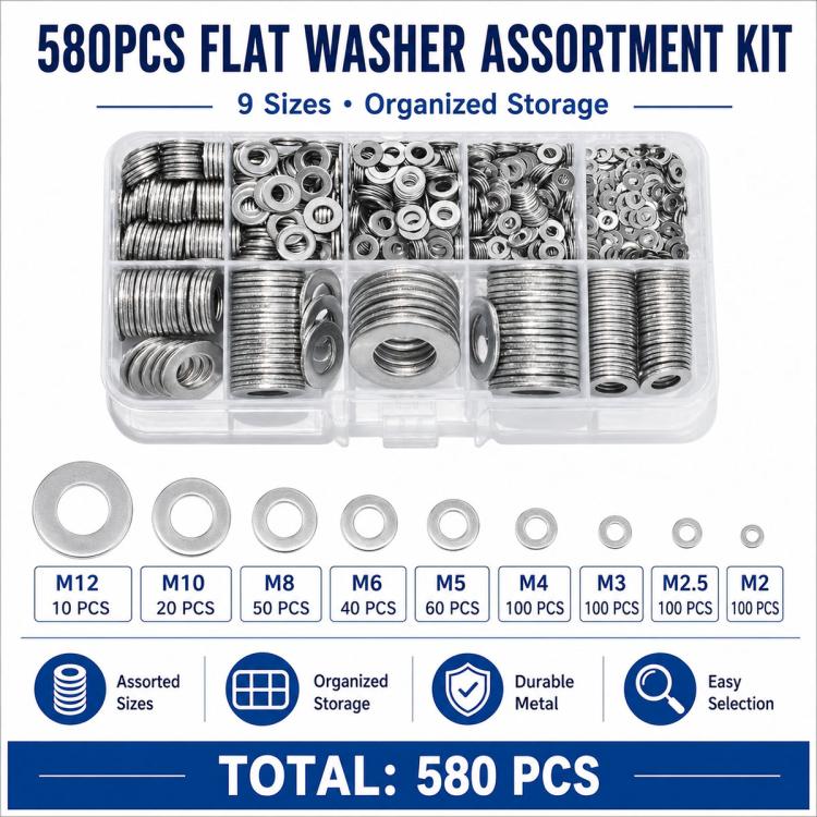 Metal flat washer assortment kit with round washers and storage case