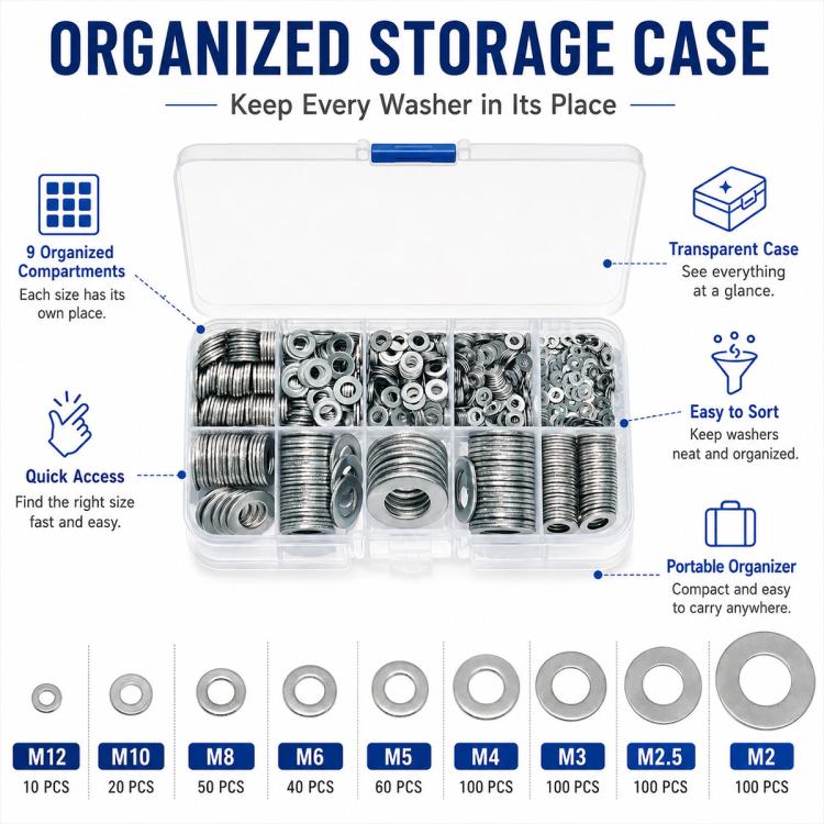 Organized flat washer storage case with multiple round metal washers
