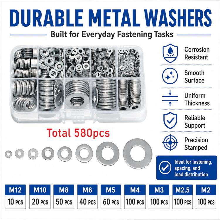 Silver round flat washers assortment kit arranged in divided storage