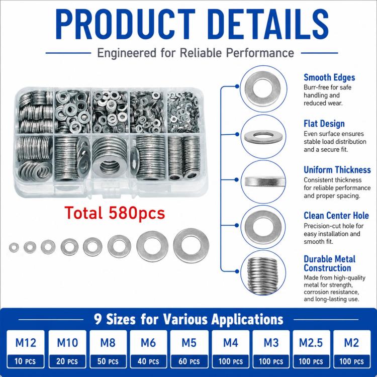 Metal flat washer assortment kit showing smooth round washers in case