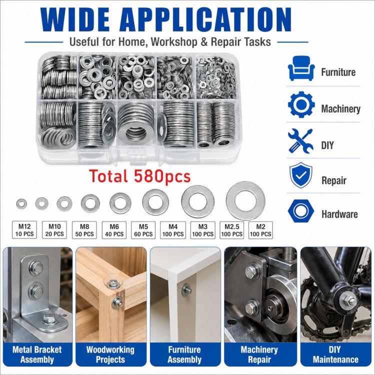 Flat washer assortment kit with multiple silver washers and metal brackets