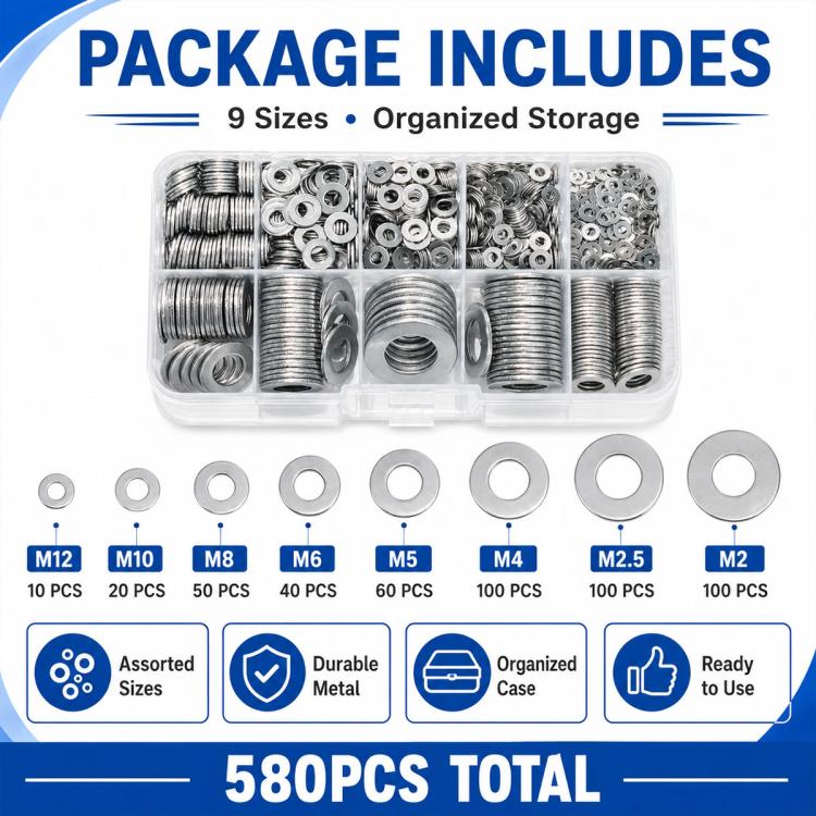Flat washer assortment kit with clear divided case and round washers total 580 pcs