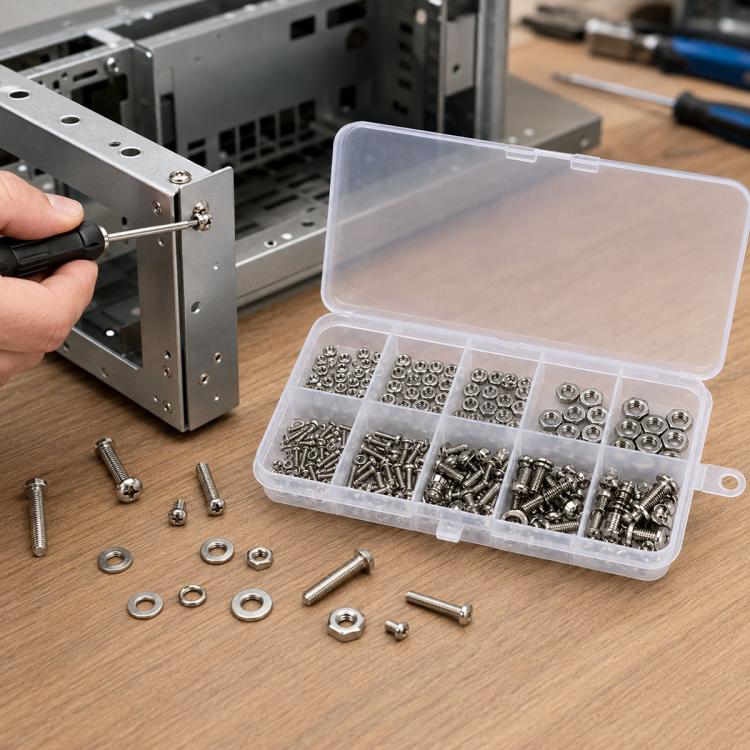 Hex nut, bolt, and washer hardware assortment with clear storage case and loose screws
