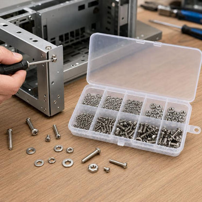 Hex nut, bolt, and washer hardware assortment with clear storage case and loose screws