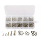 Metal hex nuts, screws, and washers set in clear compartment storage case