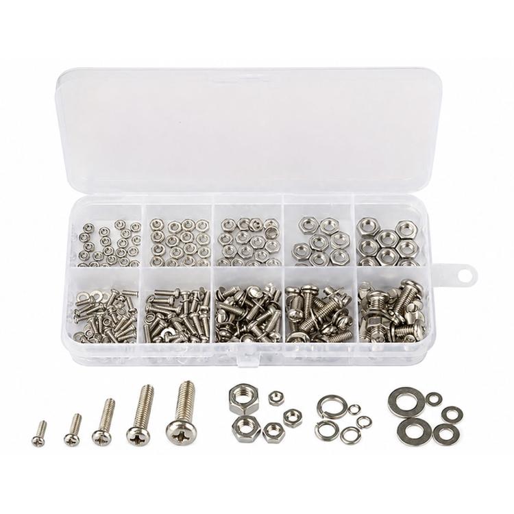 Metal hex nuts, screws, and washers set in clear compartment storage case