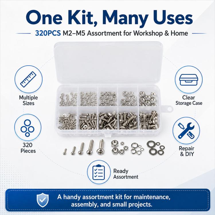 Hexagonal nuts and bolts set in clear plastic storage case, assorted M2–M5 sizes