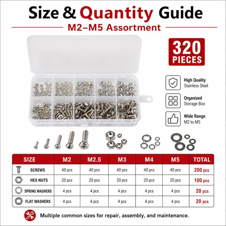 Hex fastener assortment kit with clear case showing screws, nuts, and washers