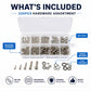 Clear storage box containing hex nuts, spring washers, flat washers, and machine screws