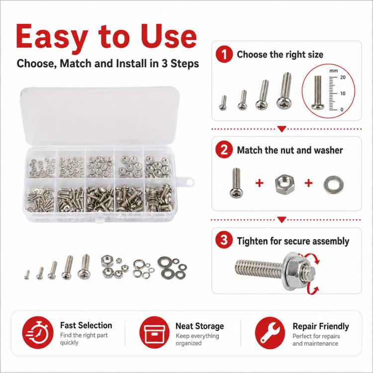 Hardware kit with clear case, screws, hex nuts, and washers laid out for installation