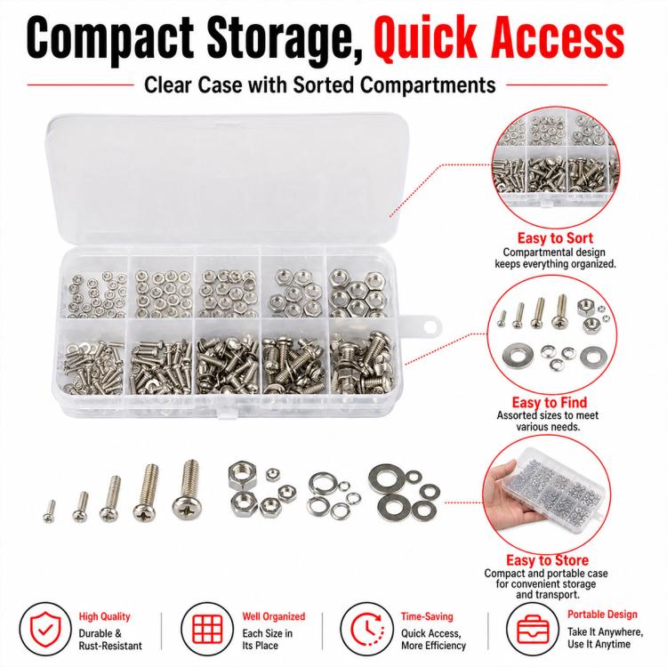 Clear compartment storage case with sorted hex nuts, screws, and washers