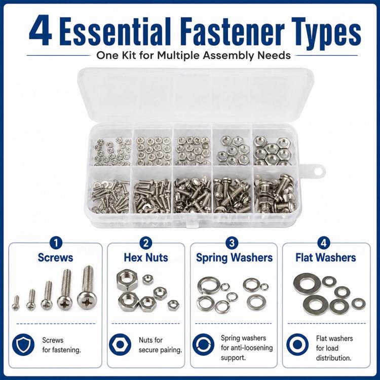 Assorted fastener kit showing screws, hex nuts, spring washers, and flat washers