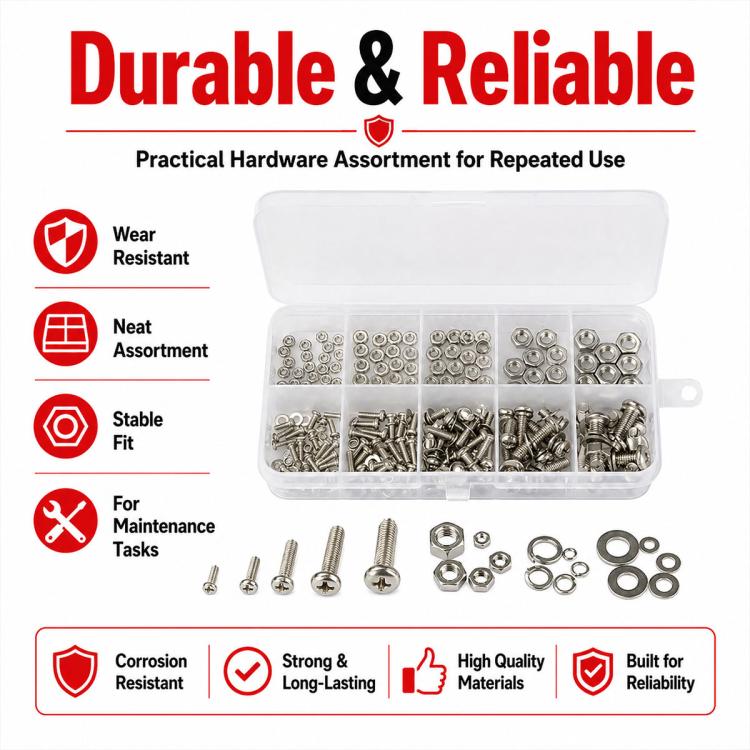 Durable fastener assortment in clear case with screws, hex nuts, and washers