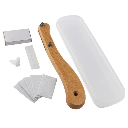 Curved wooden bread scorer with protective case and replacement blade parts