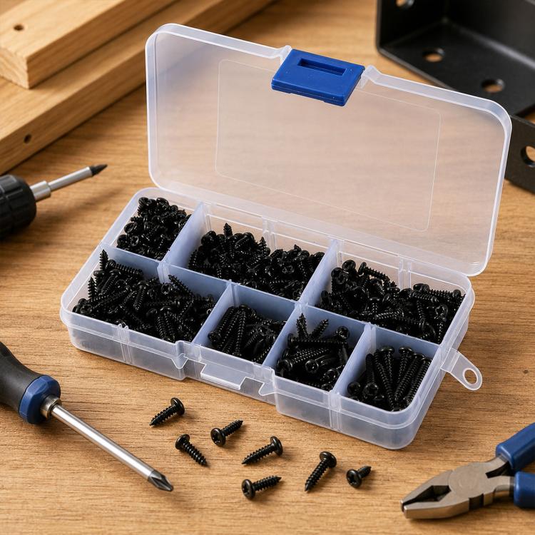 Box of black M3 pan-head Phillips self-tapping screws with assorted lengths