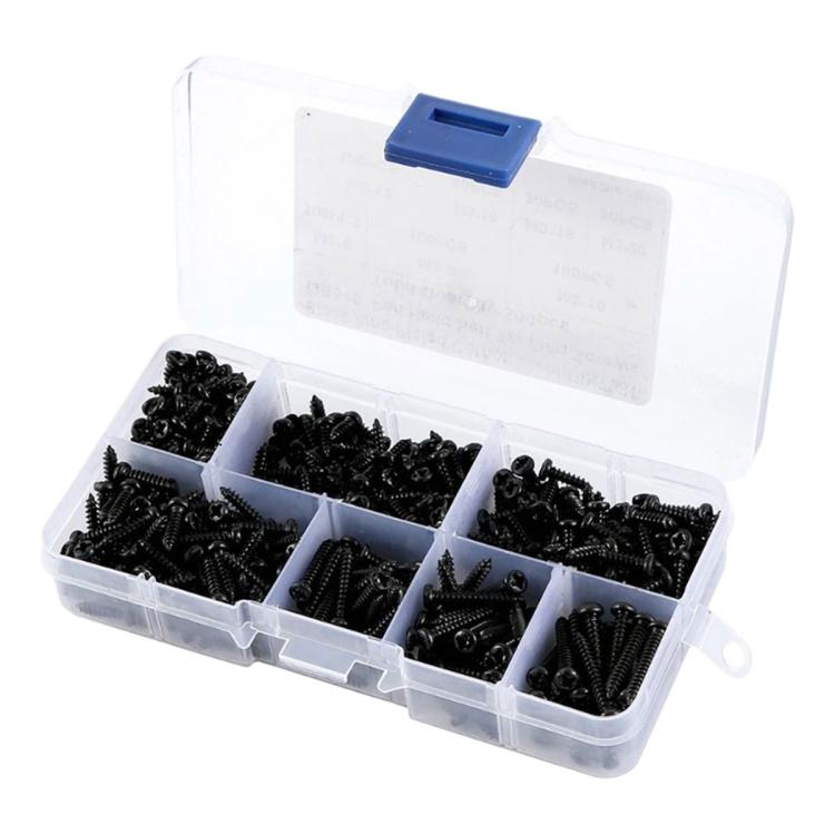 Clear organizer case filled with black M3 self-tapping screws, assorted lengths