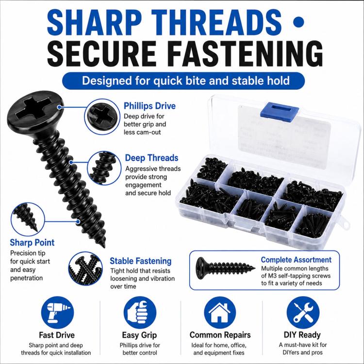 M3 black pan-head Phillips self-tapping screw set with 500 pcs in organizer box