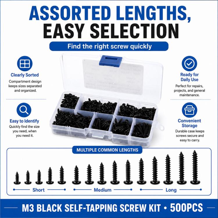 M3 black self-tapping screws assortment showing short to long lengths, 500 pcs set