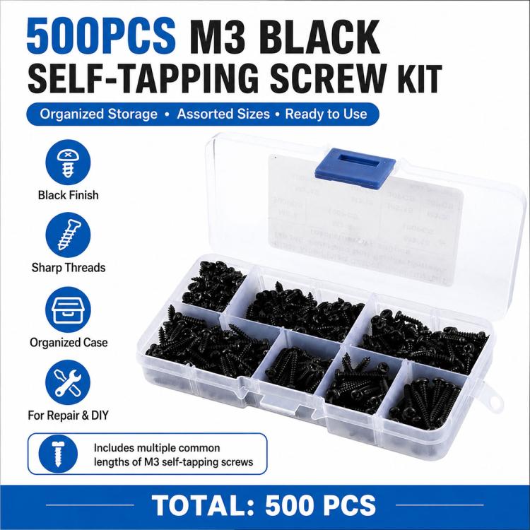 M3 black self-tapping screw kit in clear organizer case, assorted black screws