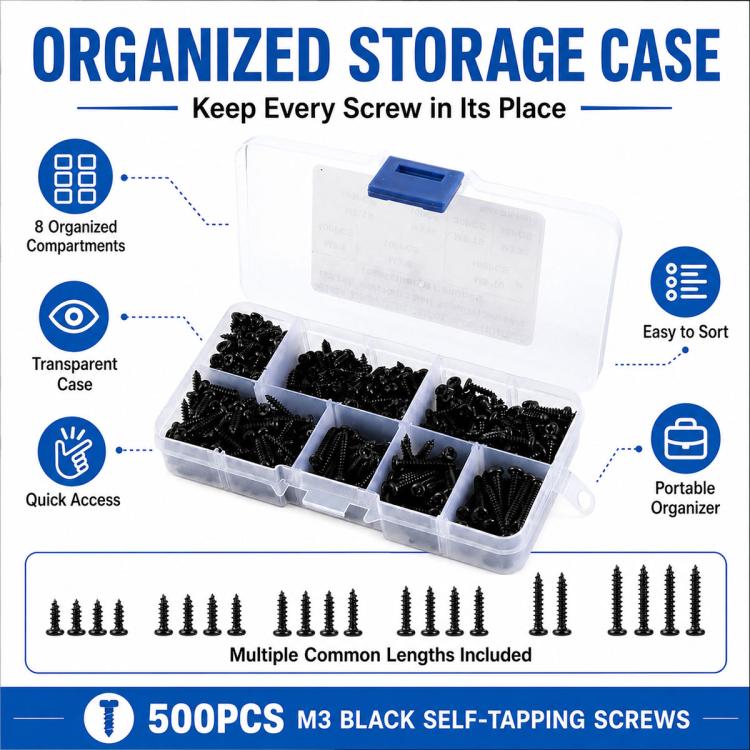 Organized storage case holding multiple compartments of black M3 self-tapping screws
