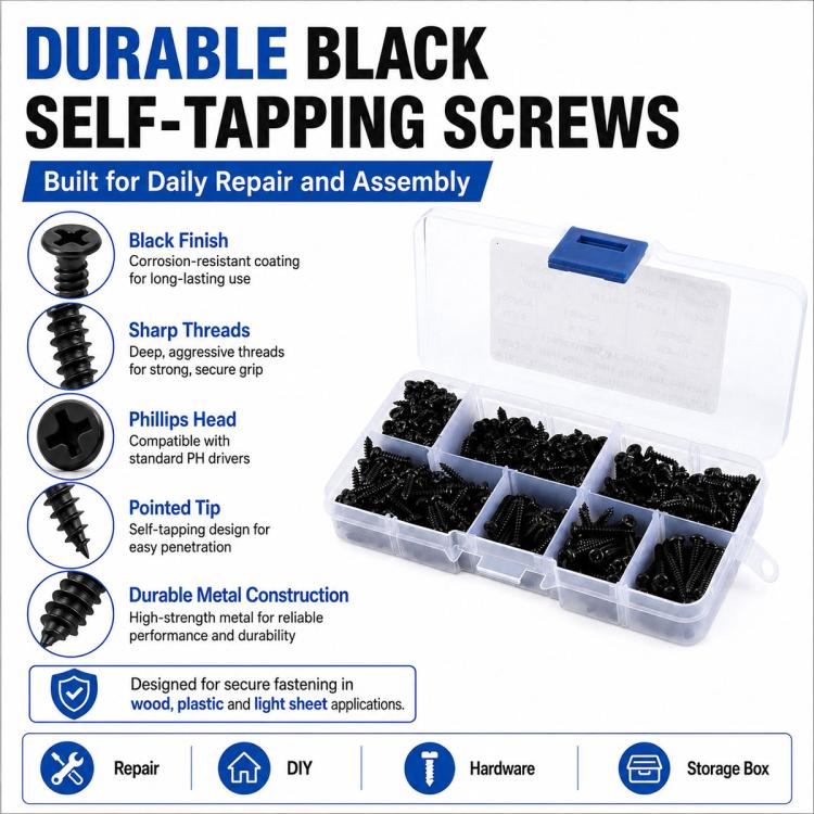 Durable black self-tapping screws set in clear case with Phillips drive heads