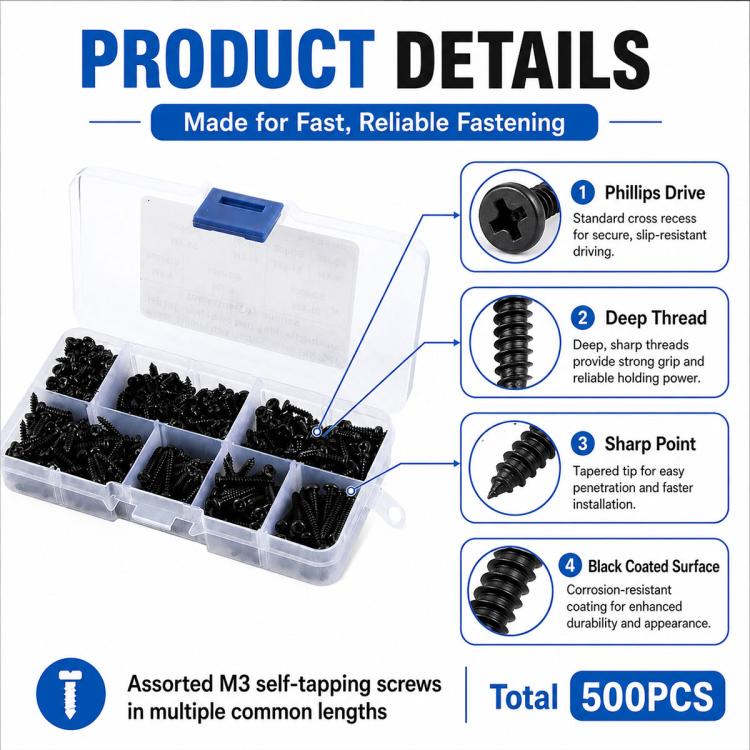 Product details view of black M3 self-tapping screws in organizer case