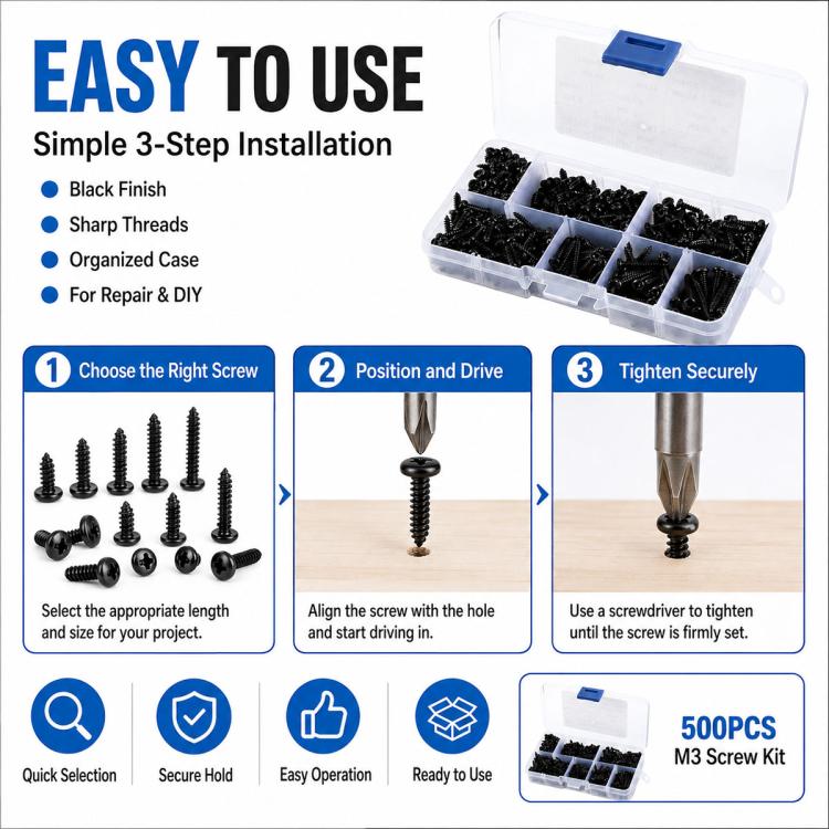 Easy-to-use black self-tapping screws kit in clear organizer case