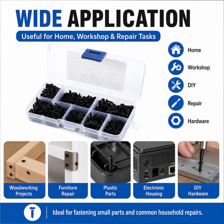 Black M3 self-tapping screw kit in clear case for home repair and DIY projects