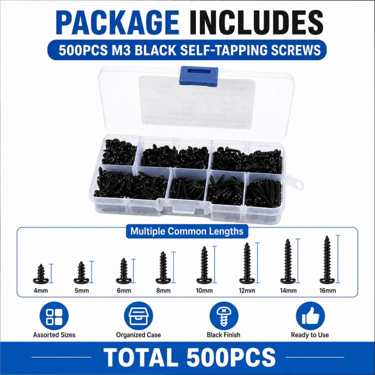 Package contents view: black M3 self-tapping screws in clear organizer case