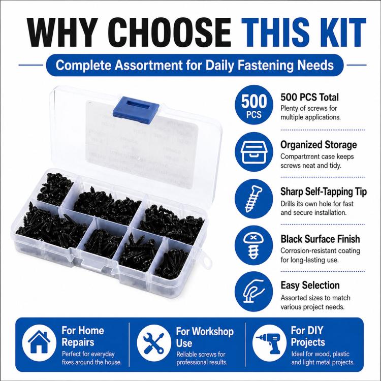 Assorted black M3 self-tapping screws with clear organizer case and blue latch