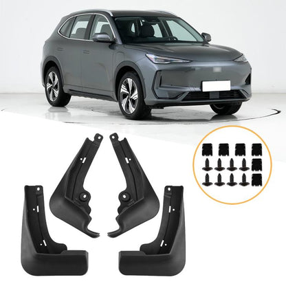 4-piece set of black car splash flaps with mounting brackets and holes