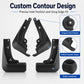 Black contoured mud flaps with precise hole positions and snug edge fit