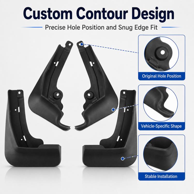 Black contoured mud flaps with precise hole positions and snug edge fit