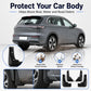 Car body protection mud flaps in black, covering front and side wheel areas