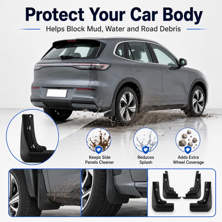 Car body protection mud flaps in black, covering front and side wheel areas