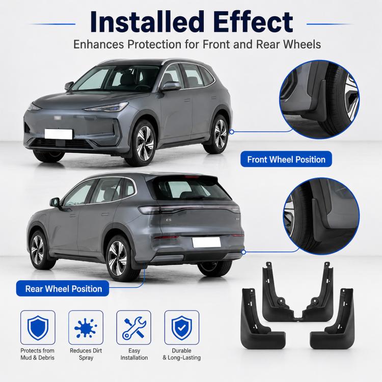 Installed-effect view of black front and rear splash flaps on wheel openings