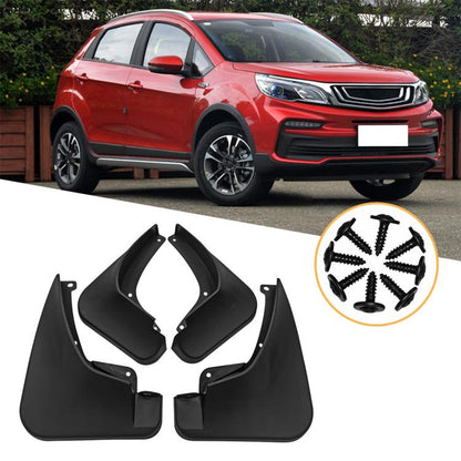 Set of four black car mud flap splash guards with mounting holes and tabs