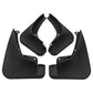 Four-piece black mud flap set, two front and two rear guards with fastener holes