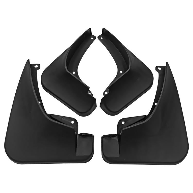 Four-piece black mud flap set, two front and two rear guards with fastener holes