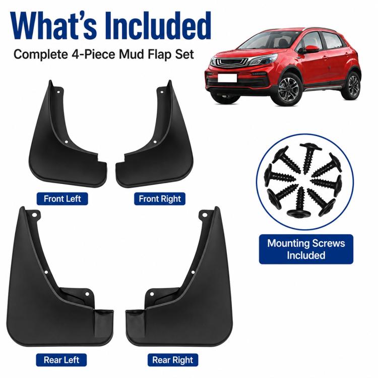 Front and rear black mud flaps set with included mounting screws