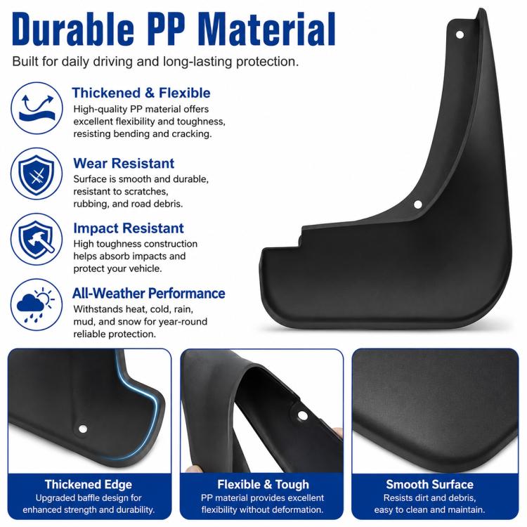 Black mud flap splash guard with mounting holes and curved flexible plastic edge