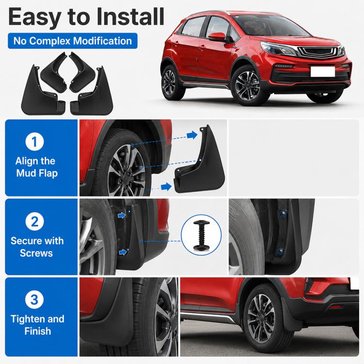 Black mud flap set with included screws for easy wheel-arch mounting