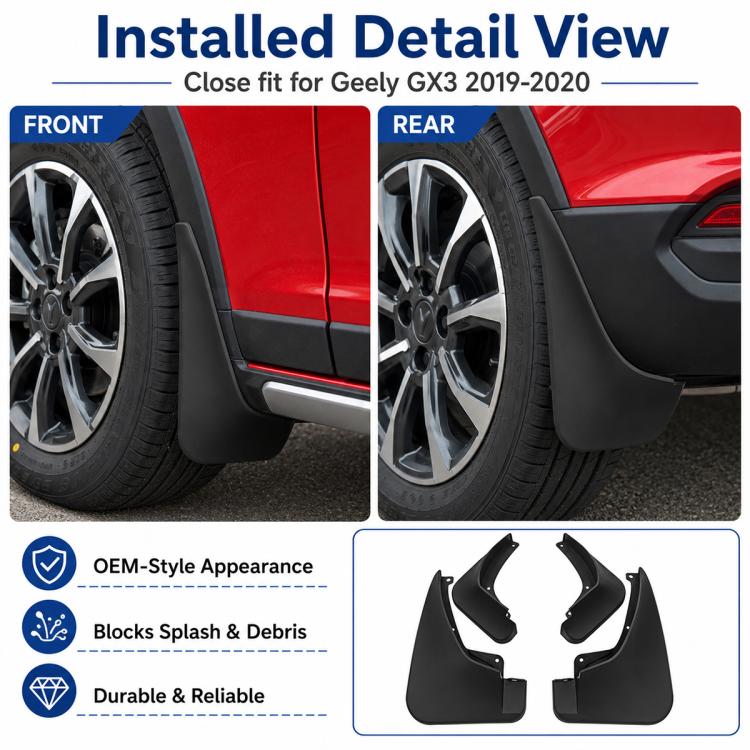 Installed black mud flap splash guards on front and rear wheel arches