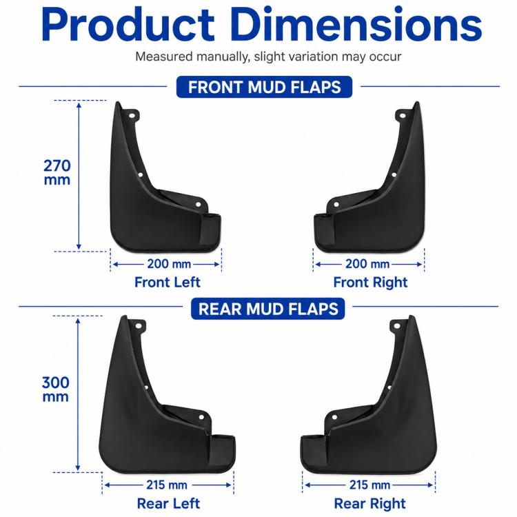 Black front and rear mud flap set with mounting holes, two-guard layout