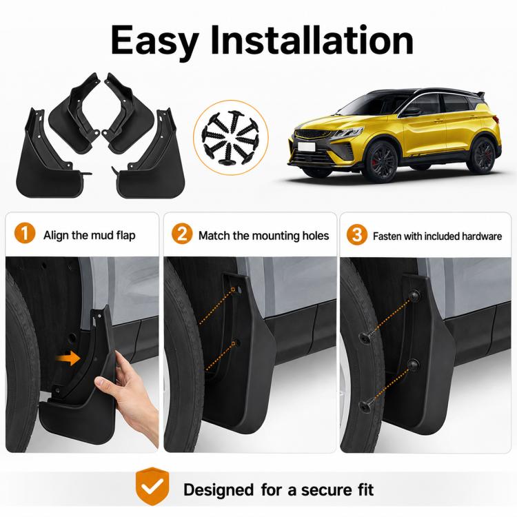 Black wheel splash flaps with mounting hardware for fast installation