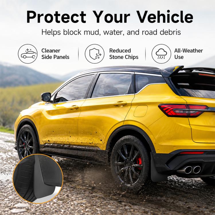 Installed black rear wheel splash flaps helping reduce road splash and debris