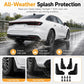 Black front and rear mud flaps for splash protection on a vehicle