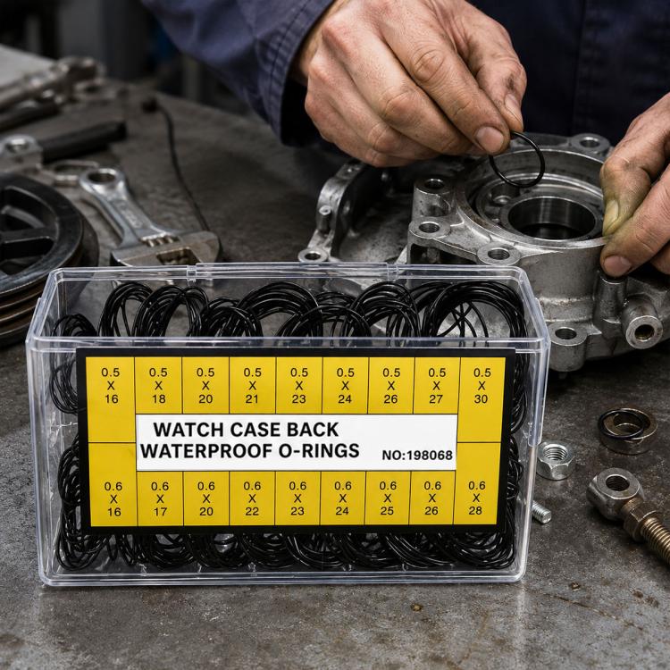 Clear organizer box of black rubber watch case back O-rings, assorted sizes for repair